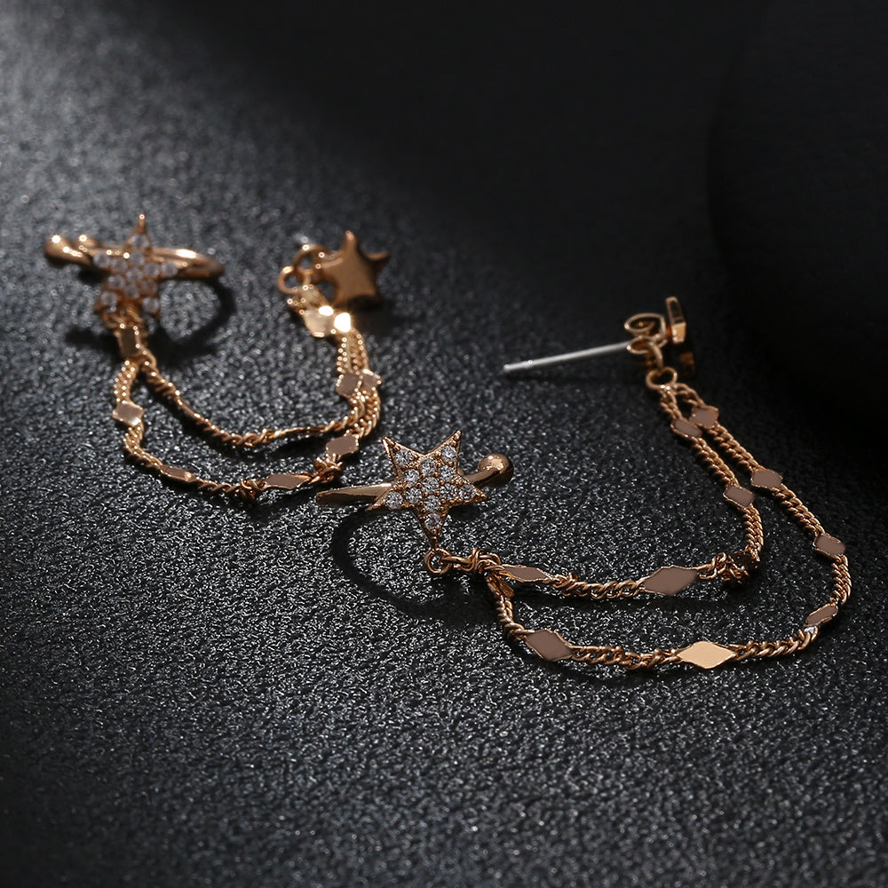 Integrated Long Tassel Earrings with Micro Set Zircon Five Pointed Star | Ear Bone Clip Jewelry