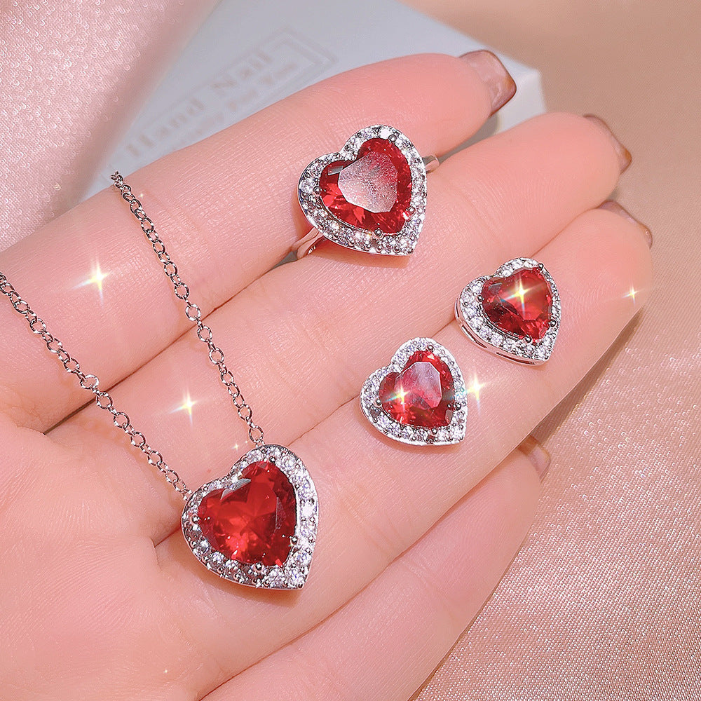 Elegant Garnet Ring, Pendant, and Stud Earrings Set | Three-Piece Jewelry Collection