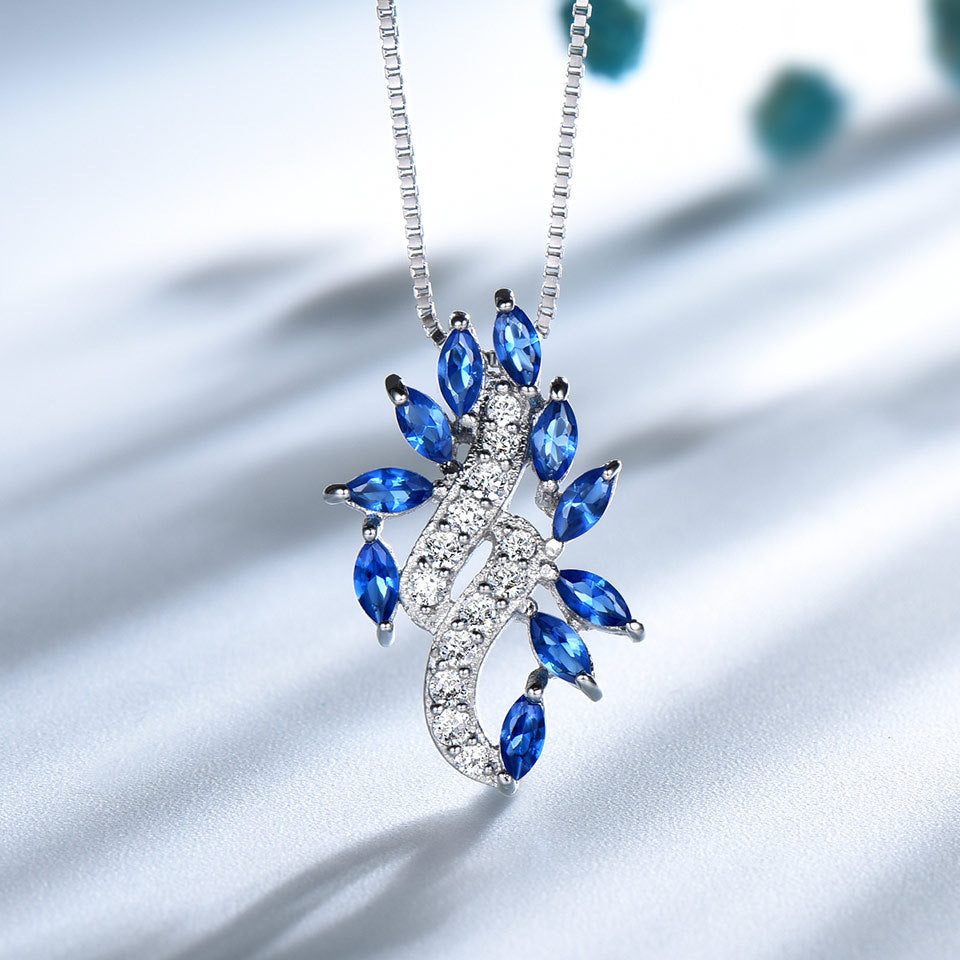 Sapphire Leaf Jewelry Set with Diamond Accents | 3-Piece Pendant, Earrings, and Ring Set