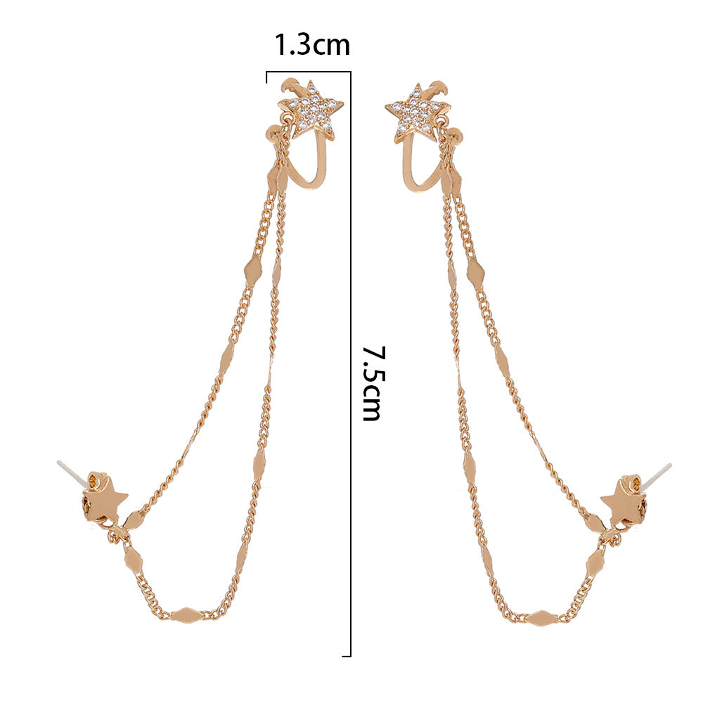 Integrated Long Tassel Earrings with Micro Set Zircon Five Pointed Star | Ear Bone Clip Jewelry