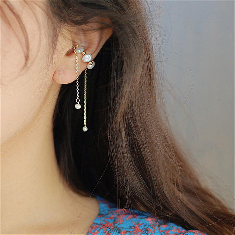 Natural Shaped Long Tassel Pearl Ear Bone Clip | Elegant Statement Earrings