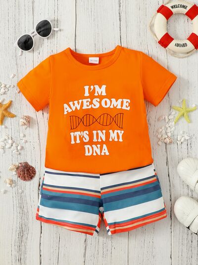 I'M AWESOME IT'S IN MY DNA Short Sleeve Top and Striped Shorts Set | M.B.B Kids,Ship From Overseas