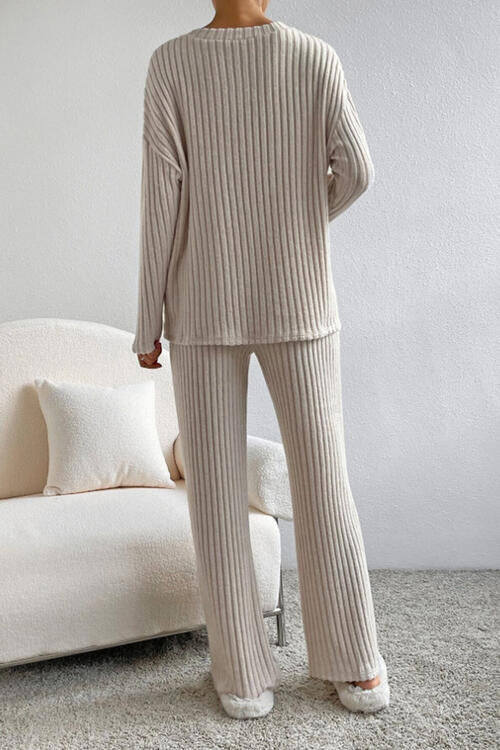 Ribbed V-Neck Top and Pants Set