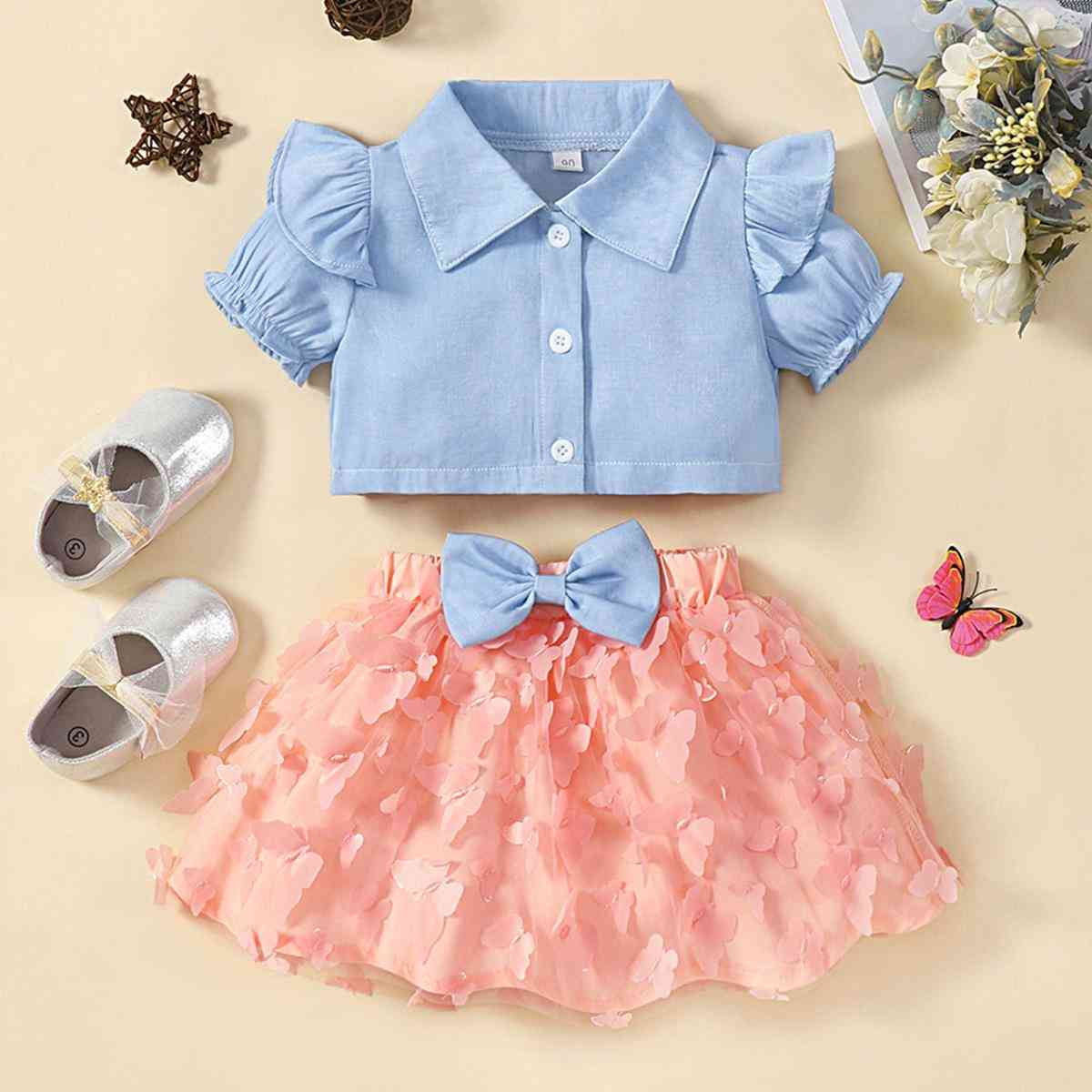 Ruffle Shoulder Shirt and Butterfly Applique Skirt Set