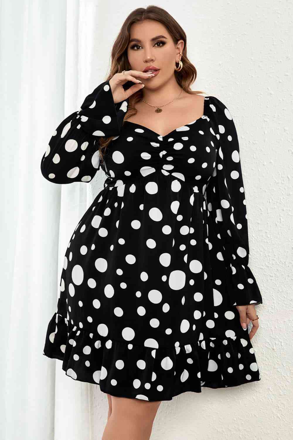 Melo Apparel Plus Size Polka Dot Sweetheart Neck Flounce Sleeve Mini Dress | Melo Apparel,Ship From Overseas